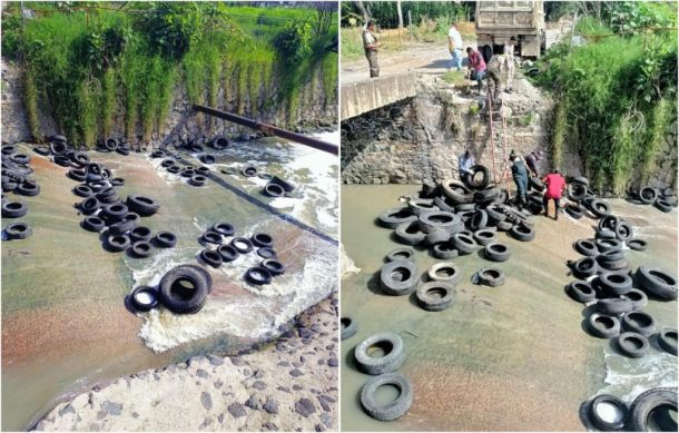 Tiran llantas dentro del Arroyo Seco en Tlaquepaque