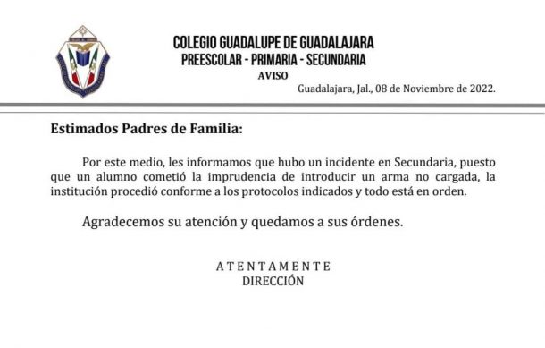 Sorprenden a estudiante armado en colegio de Guadalajara