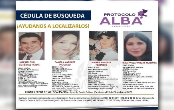 Desaparecen cuatro miembros de una familia en su traslado a Zacatecas