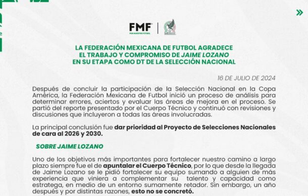 Anuncia la Federación el cese de Jaime Lozano como técnico de la Selección