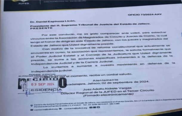 Jueces federales piden apoyo al Poder Judicial de Jalisco contra la reforma