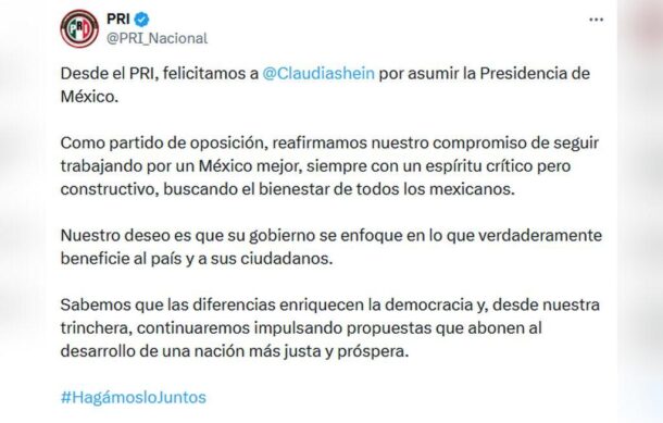 PRI felicita a Sheinbaum por asumir la Presidencia de México