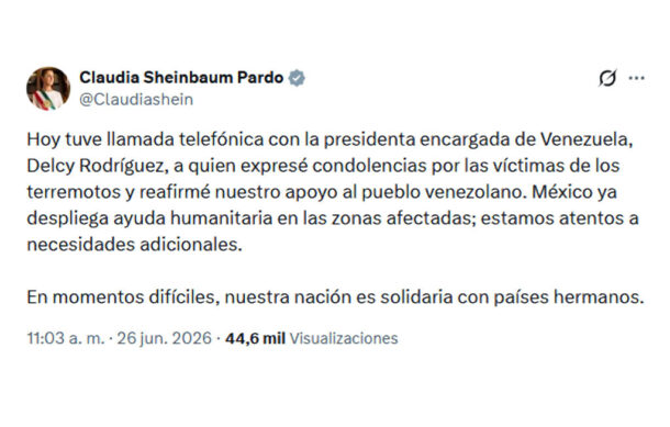 Sheinbaum sostiene llamada telefónica con Delcy Rodríguez tras los terremotos en Venezuela